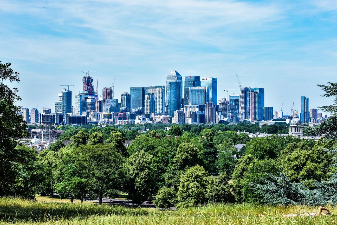 London skyline and Canary Wharf seen over the trees from Greenwich Park in summer